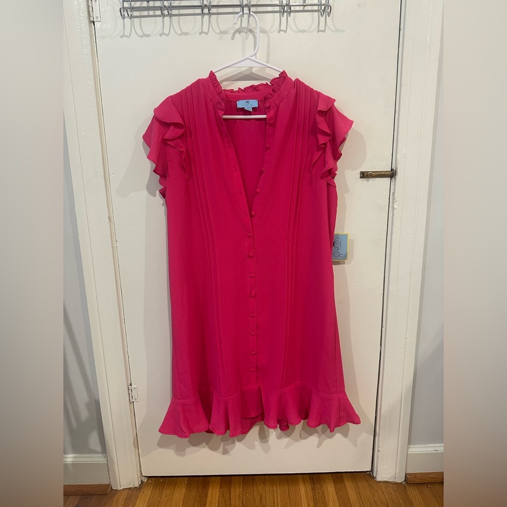 💓CeCe Fuchsia Ruffle Sleeve Drop Waist Dress- NWT